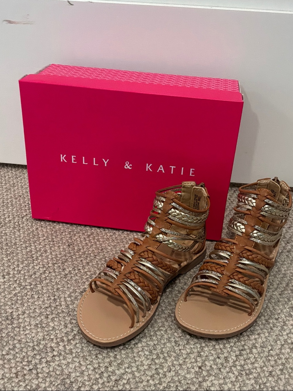 Kelly & Katie Girls' Tan and Gold Braided Gladiator Sandals
